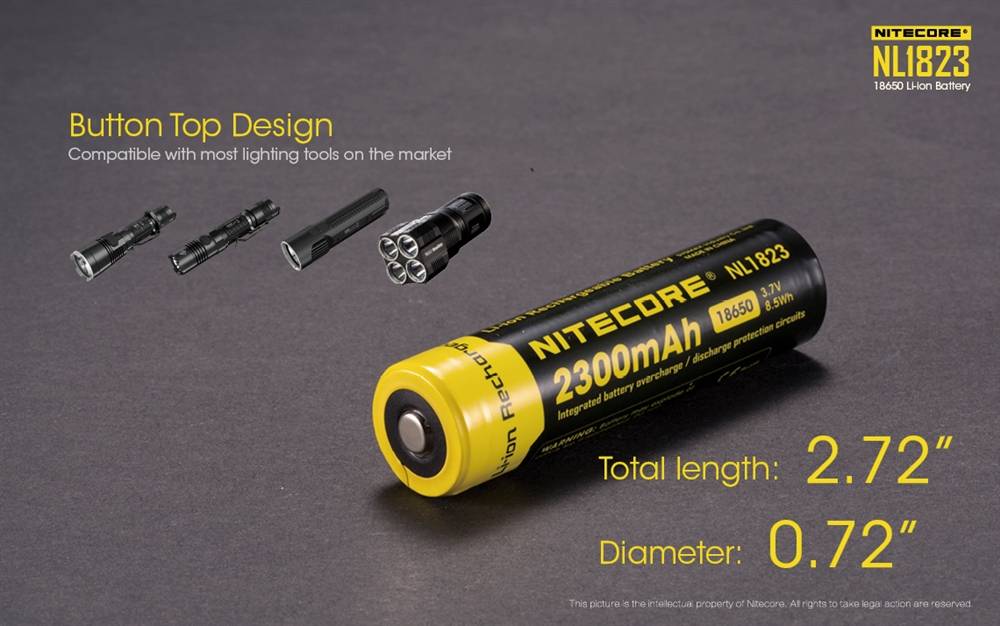 Battery: Nitecore NL1823, Rechargeable 18650 Li-ion, 3.7V 2300mAh, Discharge current max 4A