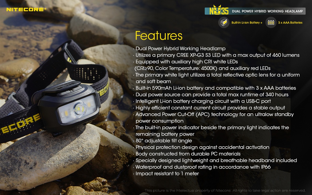 Flashlight: Nitecore NU35, Li-Ion/3xAAA Headlamp, 460 lumen, 48m