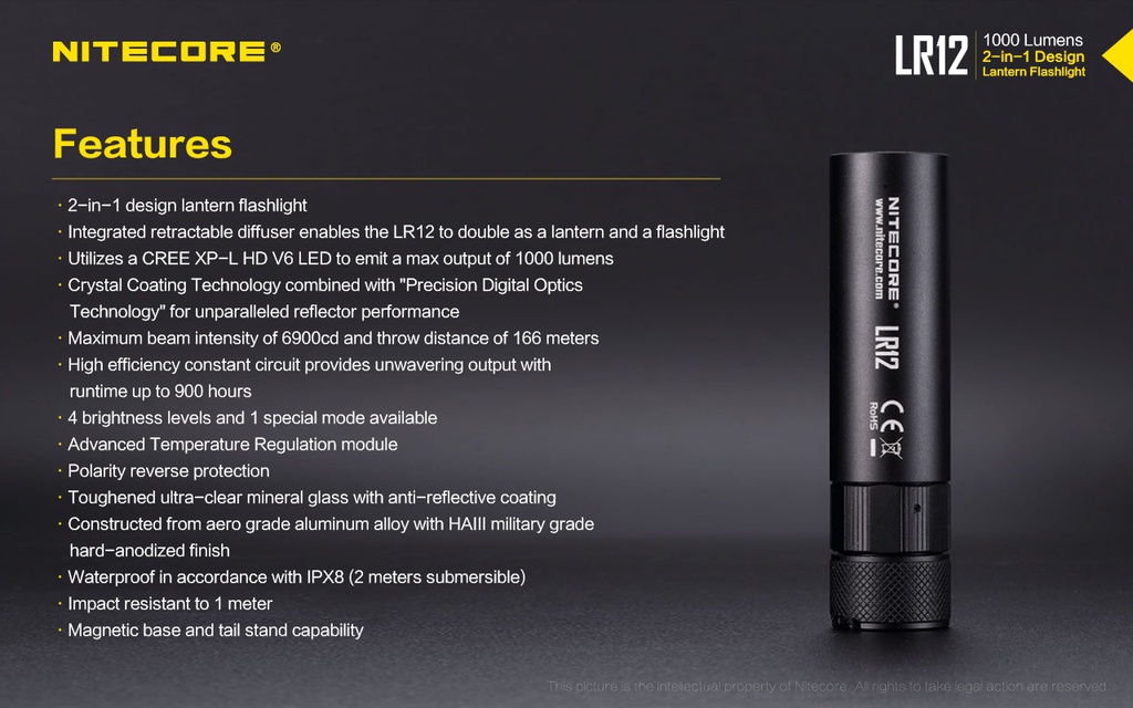 Flashlight: Nitecore LR12, Rechargeable, 1000 lumen, 166m