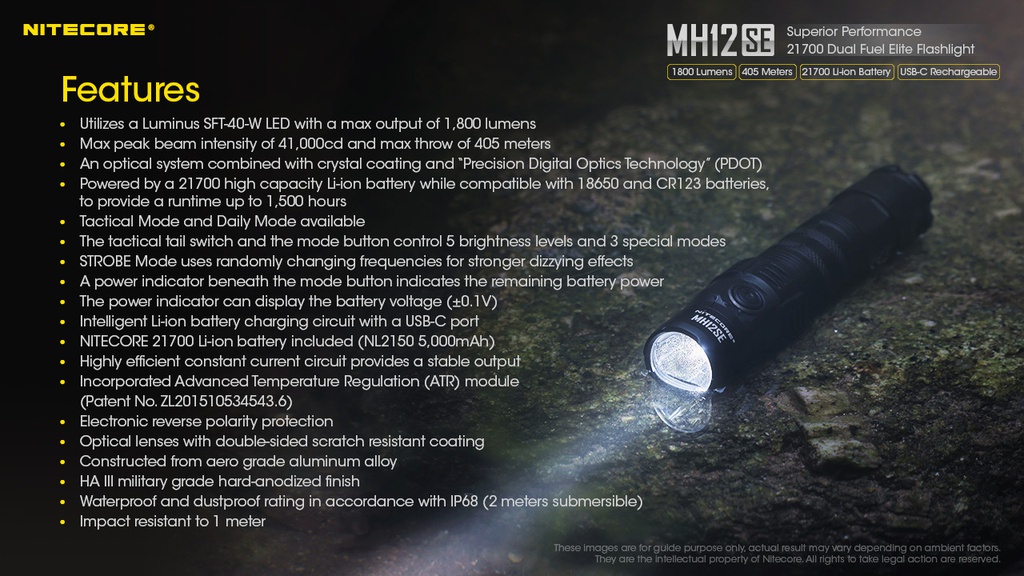 Flashlight: Nitecore MH12SE, EDC Flashlight, 1800 lumen, 405m