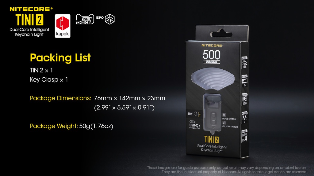 Flashlight: Nitecore TINI2, Rechargeable Keychain Light, 500 lumen, 89m