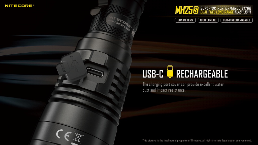 Flashlight: Nitecore MH25S, Long Range Flashlight, 1800 lumen, 504m