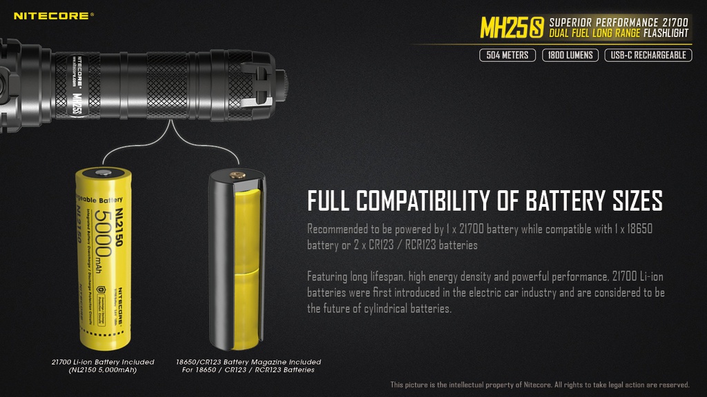 Flashlight: Nitecore MH25S, Long Range Flashlight, 1800 lumen, 504m