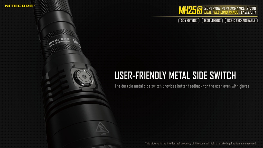 Flashlight: Nitecore MH25S, Long Range Flashlight, 1800 lumen, 504m