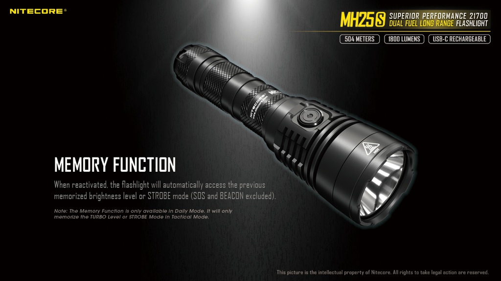 Flashlight: Nitecore MH25S, Long Range Flashlight, 1800 lumen, 504m