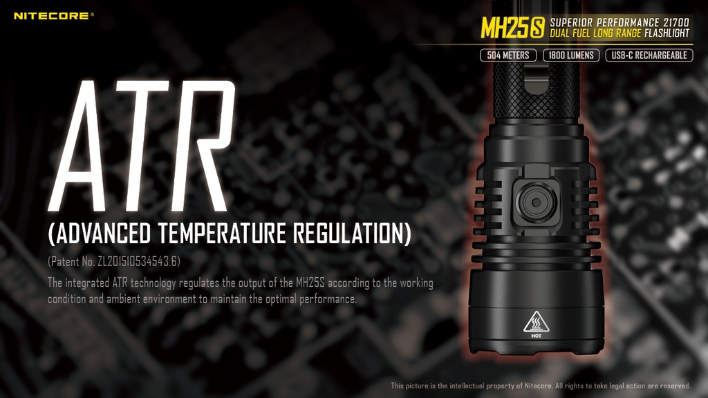 Flashlight: Nitecore MH25S, Long Range Flashlight, 1800 lumen, 504m