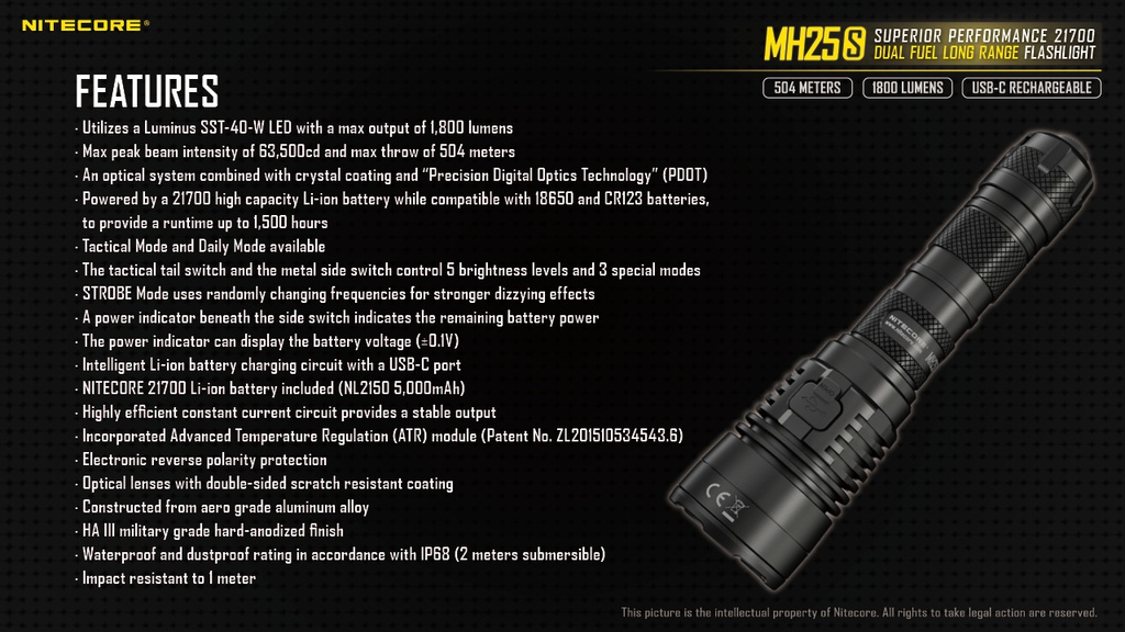 Flashlight: Nitecore MH25S, Long Range Flashlight, 1800 lumen, 504m