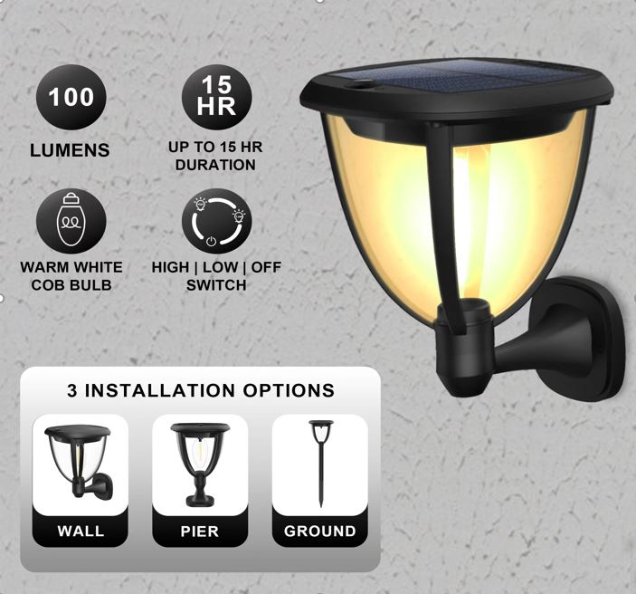 3 in 1 Solar LED Light, 100lm, Wall-Pier-Ground mounted, Black