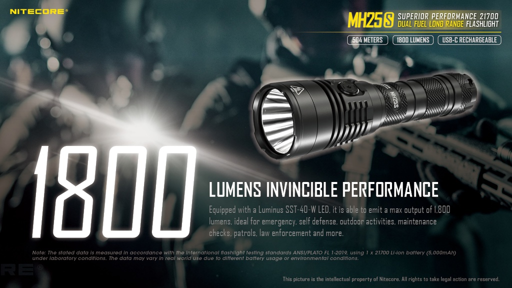 Flashlight: Nitecore MH25S, Long Range Flashlight, 1800 lumen, 504m