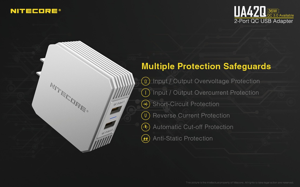 Battery Charger: Nitecore UA42Q, 2-Port Quick Charge USB Adapter, 36W