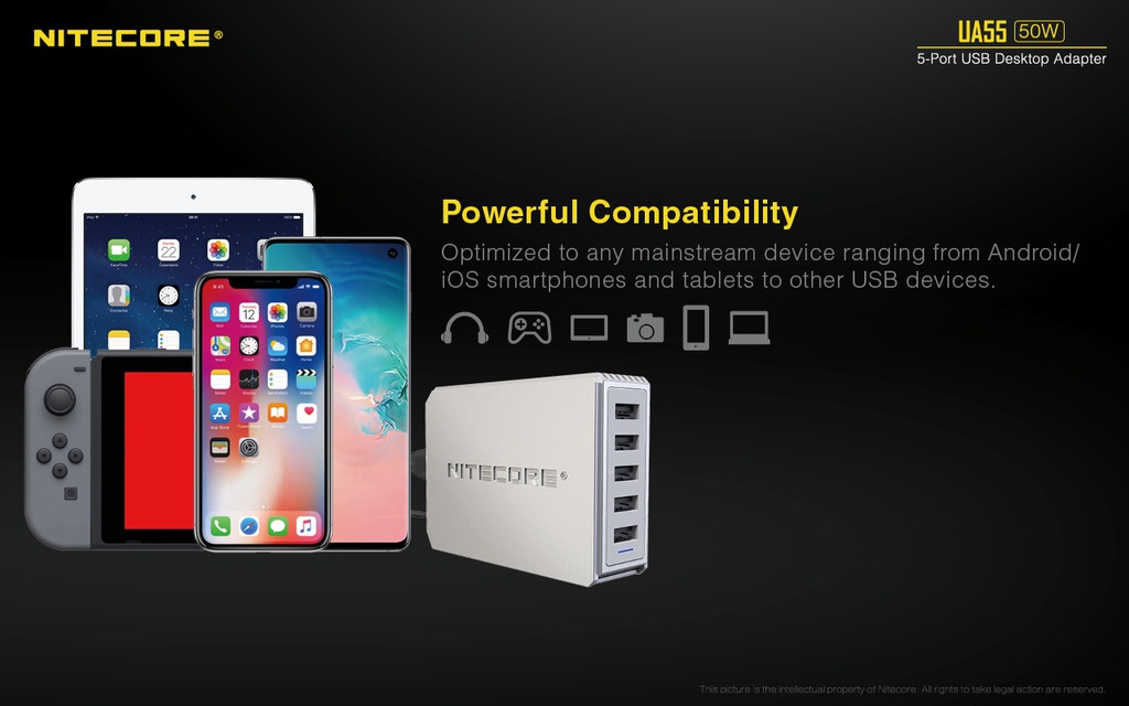 Battery Charger: Nitecore UA55, 5-Port USB Desktop Adapter, 50W