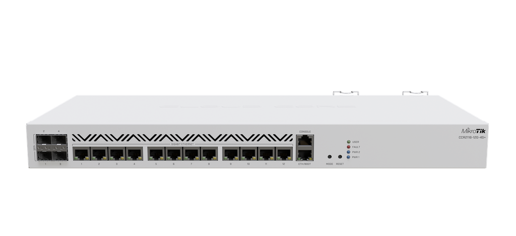 Router: Mikrotik CCR2116-12G-4S+ Cloud Core Router, 13xGbE, 4x10G SFP+, 16 cores 2GHz CPU, 16 GB RAM