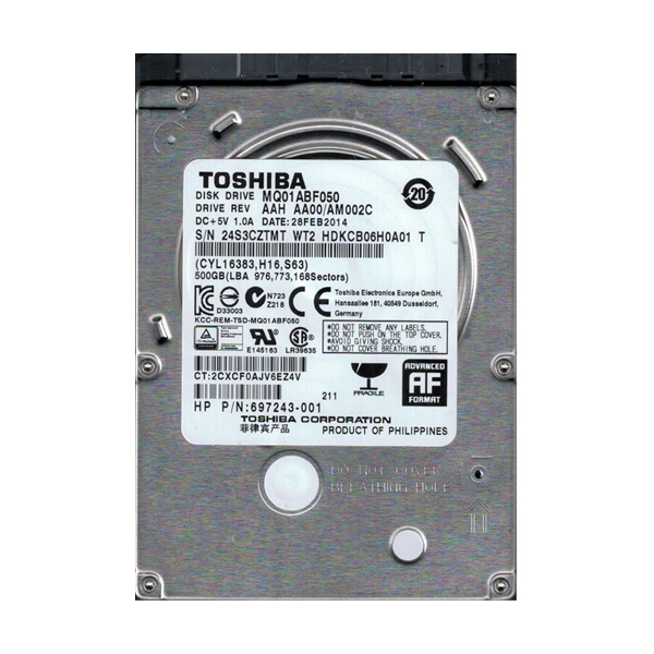 HDD: Toshiba MQ01ABF050, 500GB, 2.5", Internal  SATA Hard Drive